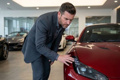 Homme en costume inspecte attentivement une supercar rouge dans une salle d'exposition de voitures de luxe