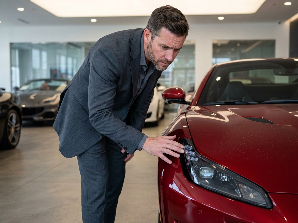 Homme en costume inspecte attentivement une supercar rouge dans une salle d'exposition de voitures de luxe