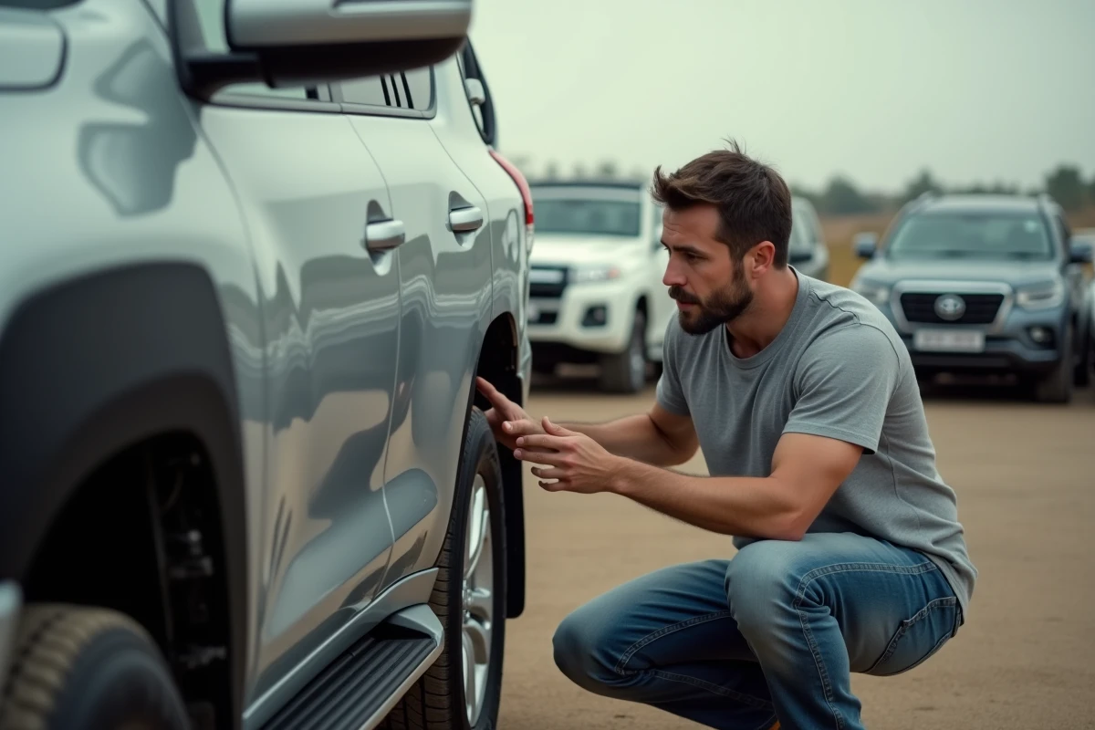 Homme inspectant la suspension d'un Toyota HDJ 100 sur un parking de voitures d'occasion