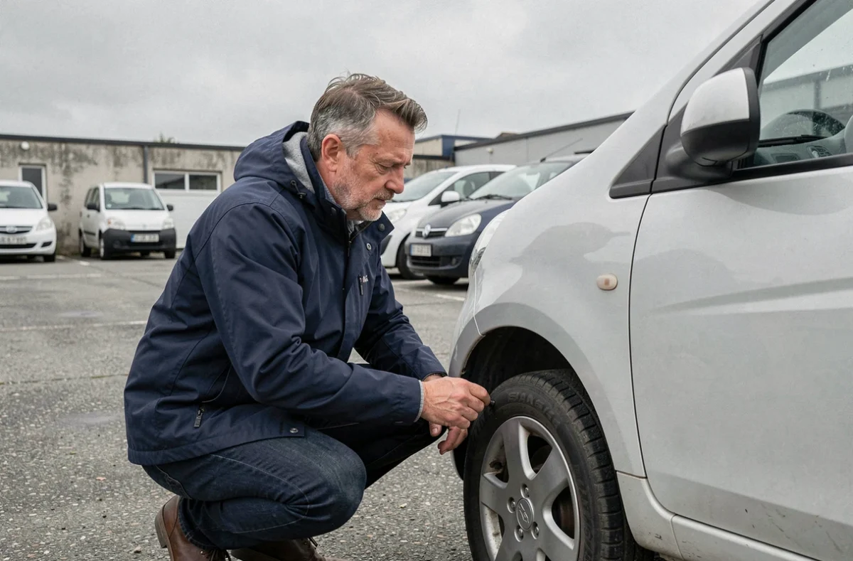 Homme inspectant une voiture sans permis d'occasion dans un lot de vente de véhicules dans le Finistère