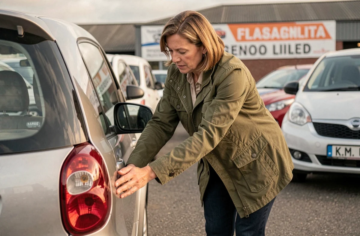 Femme inspectant une voiture sans permis d'occasion chez un concessionnaire à Lille