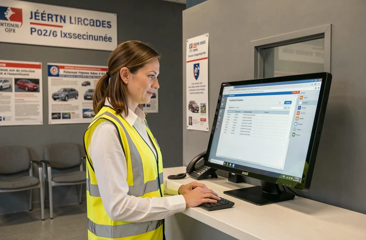 Inspectrice en centre de contrôle technique consultant les nouvelles réglementations 2026 sur écran numérique