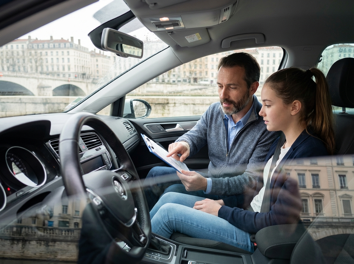 Instructeur de conduite expliquant à un élève à Lyon