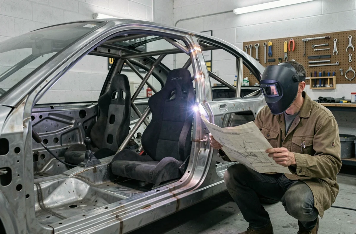Intérieur d'une 306 entièrement dépouillée avec cage de sécurité en cours de montage dans un atelier de préparation rallye