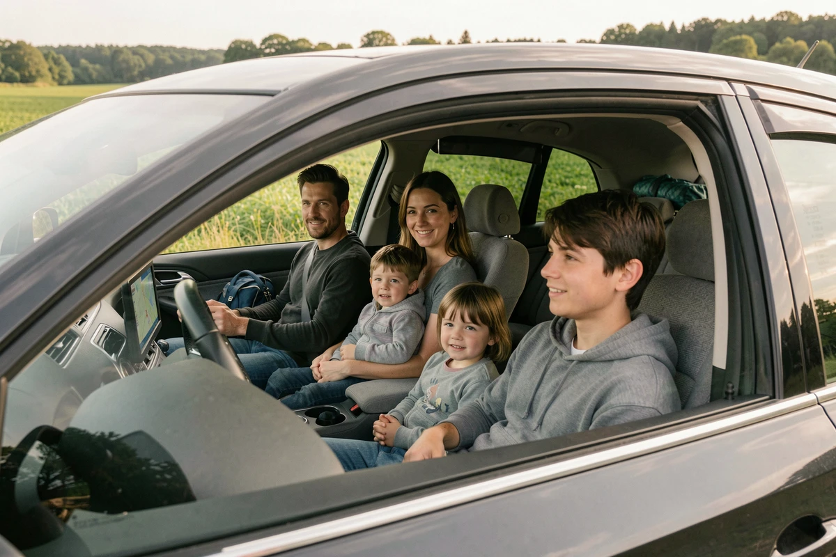 Famille de cinq personnes installée à l'intérieur d'un grand break familial lors d'un road trip en zone rurale