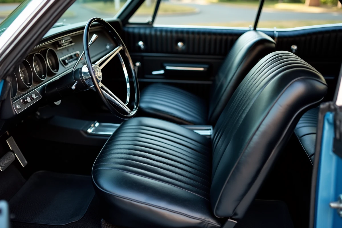 Intérieur de la Chevrolet Impala 4 portes 1967 montrant la banquette avant en vinyle noir, le tableau de bord et le volant chromé