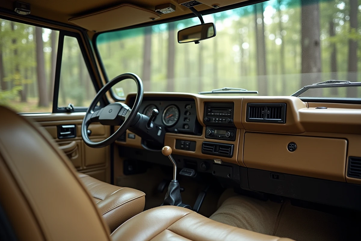 Intérieur d'un Toyota Land Cruiser 100 HDJ avec tableau de bord et volant usés en cuir
