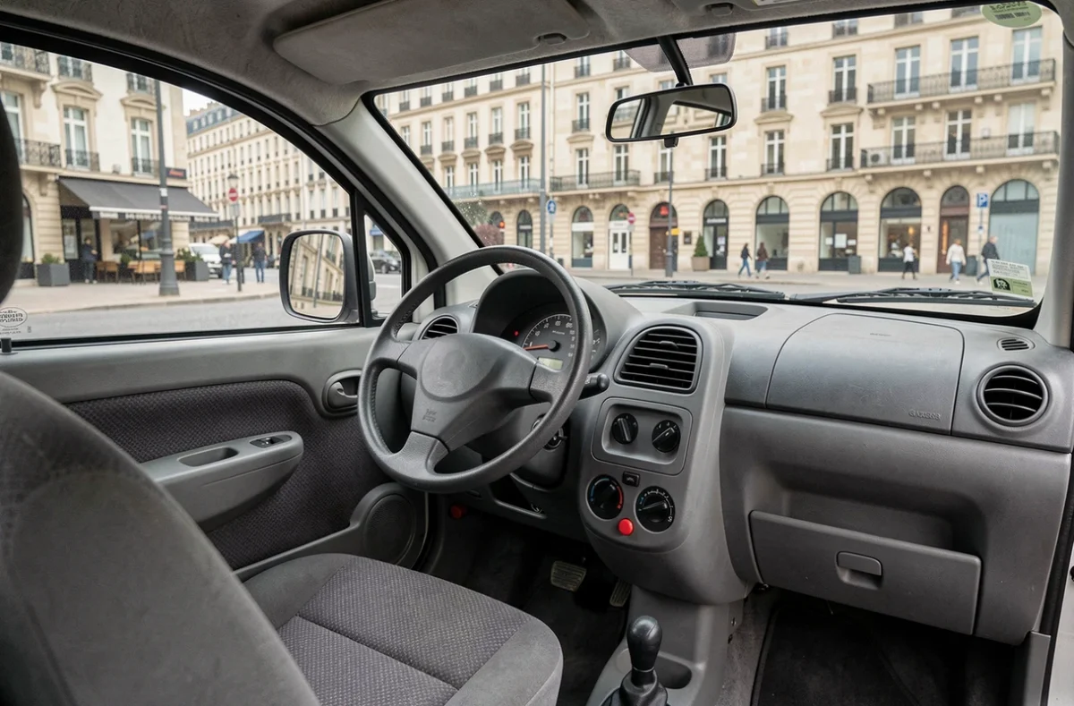 Intérieur d'une voiture sans permis avec vue sur une rue du centre-ville de Pau