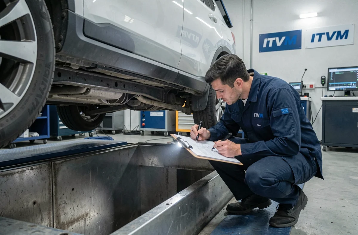 Technicien ITVM inspectant le châssis d'un SUV blanc sur une fosse de contrôle technique