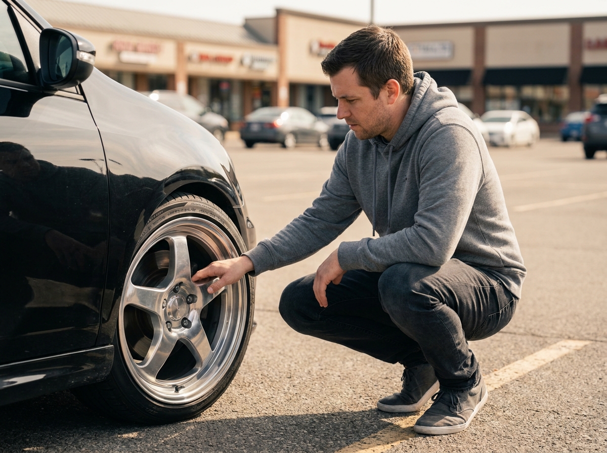 Homme examinant une jante aluminium sur une voiture sportive dans un parking urbain