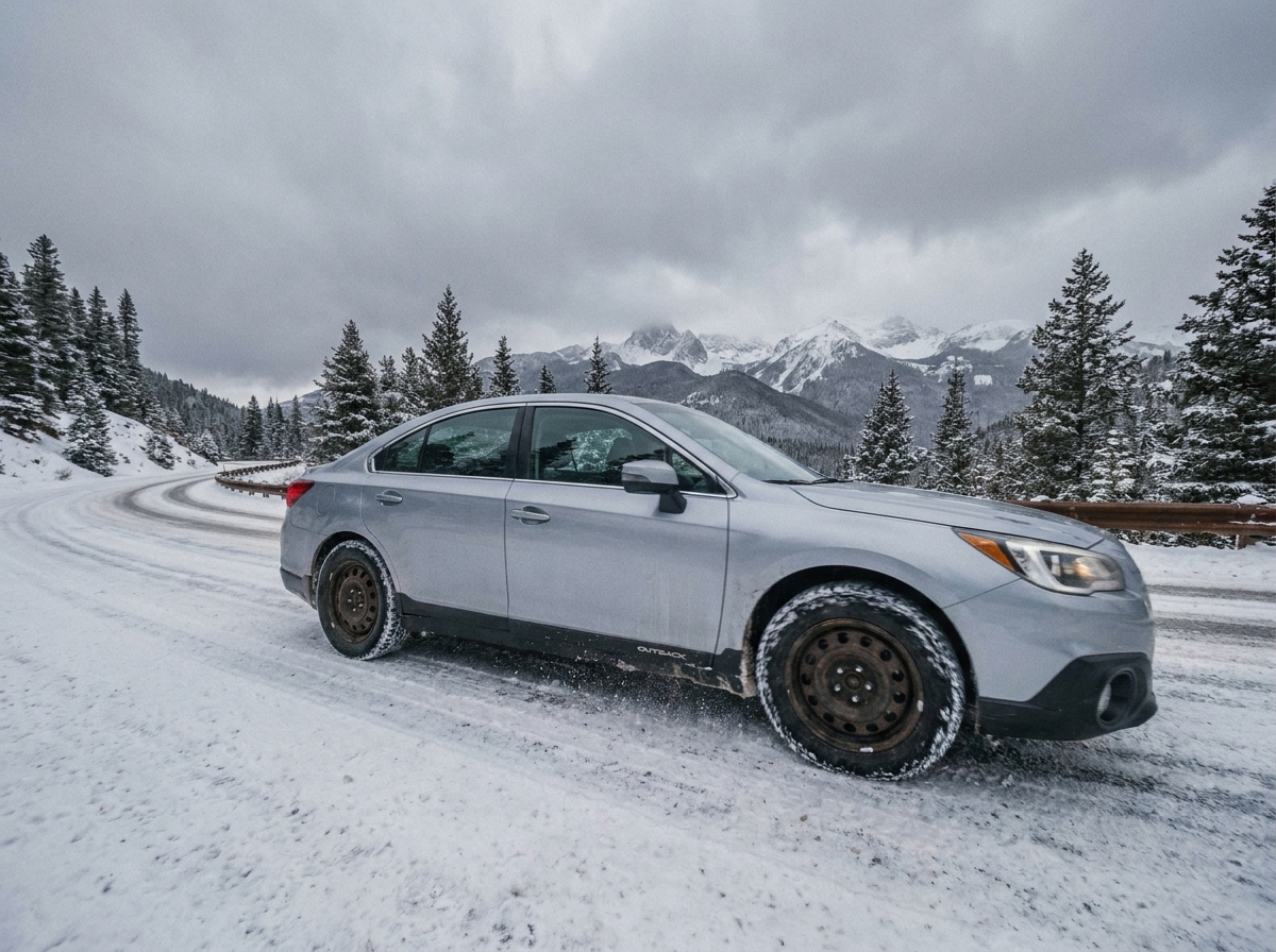 Véhicule avec jantes tôle et pneus hiver roulant sur une route enneigée en montagne