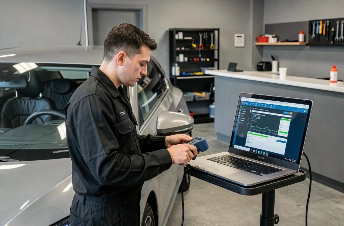 Jeune mécanicien utilisant un outil de diagnostic OBD sur une voiture moderne chez Jario Motors à Bordeaux