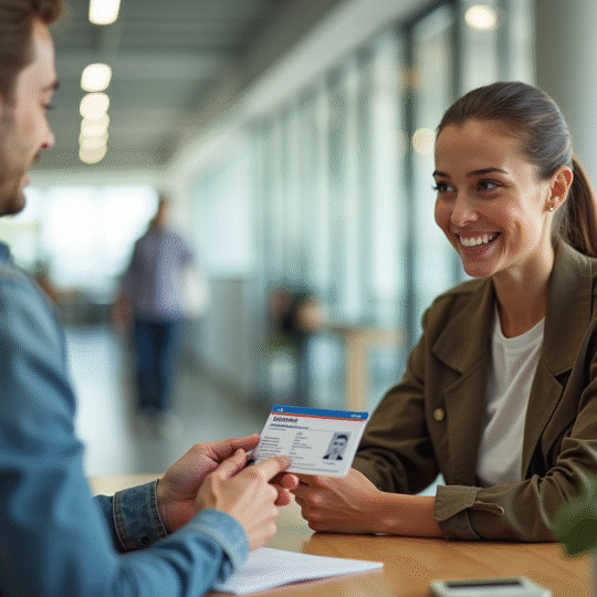 Jeune adulte souriant avec permis renouvelé à l office