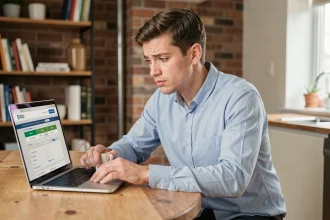 Jeune conducteur masculin comparant des offres d'assurance auto sur un ordinateur portable dans un appartement moderne