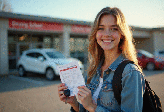 Jeune personne souriante tenant son permis et clés devant l'auto école