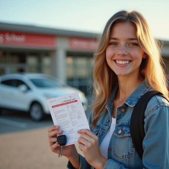 Jeune personne souriante tenant son permis et clés devant l'auto école