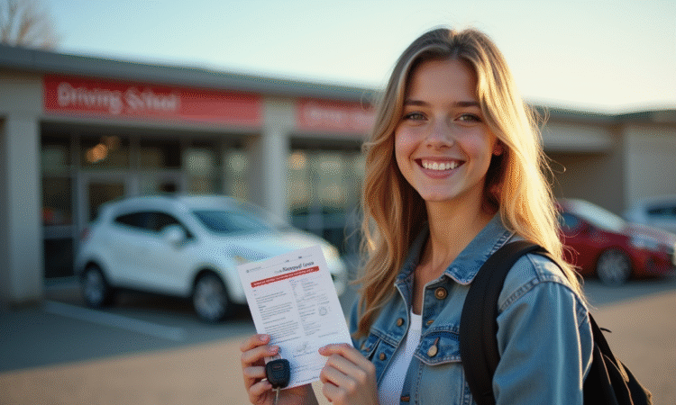 Jeune personne souriante tenant son permis et clés devant l'auto école