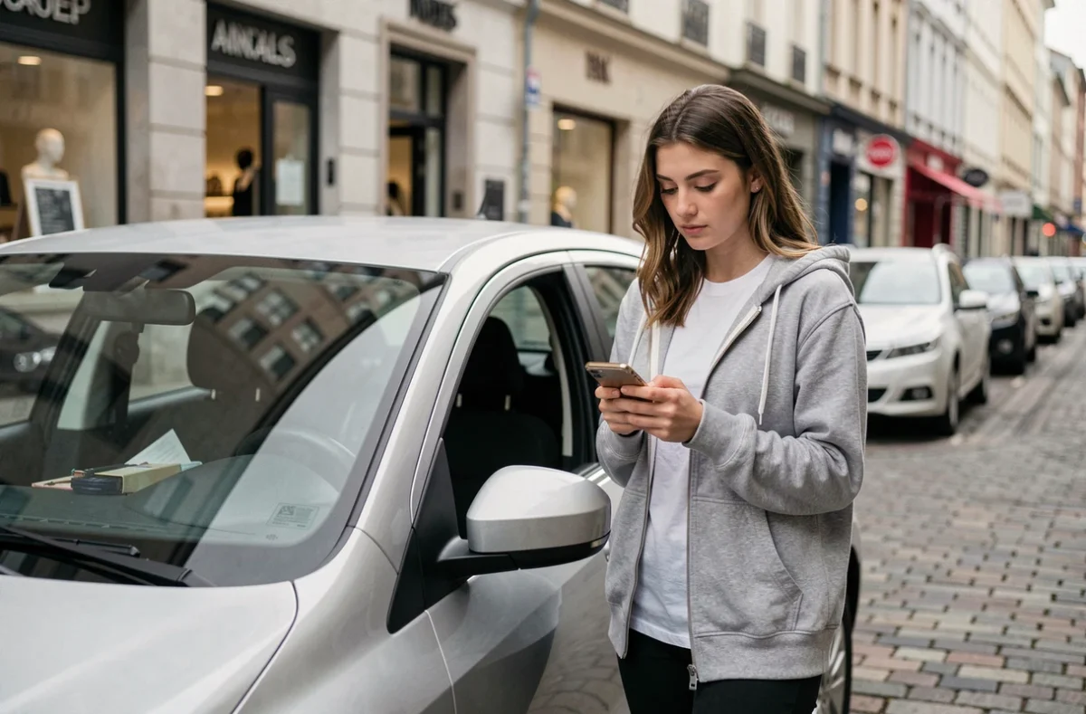 Jeune femme conductrice consultant son smartphone à côté de sa voiture pour choisir une assurance auto