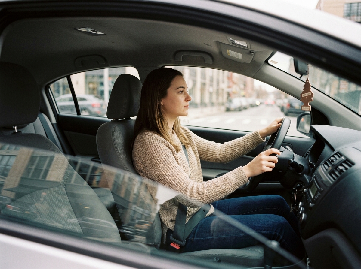 Jeune femme débutante au volant d'une voiture sans permis en ville, mains sur le volant, expression concentrée