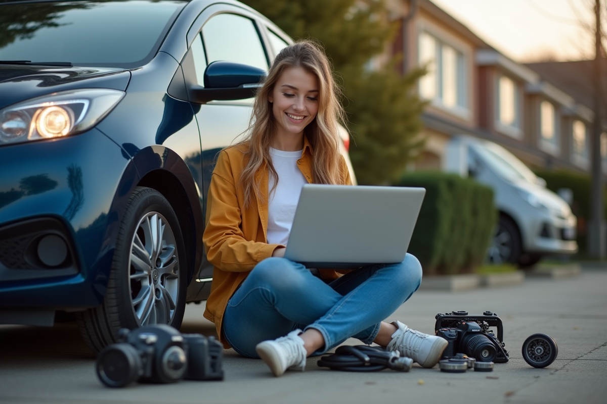 Jeune femme passionnee analysant un moteur avec un ordinateur