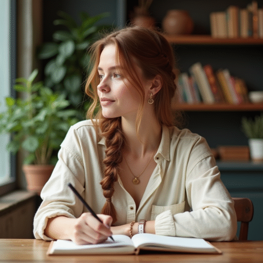 Jeune femme écrivant dans un café cosy avec livres et plantes