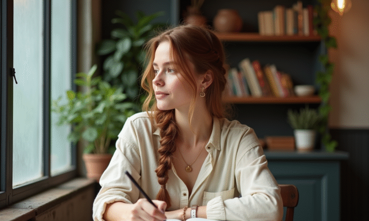Jeune femme écrivant dans un café cosy avec livres et plantes