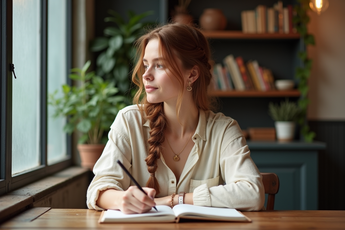 Jeune femme écrivant dans un café cosy avec livres et plantes