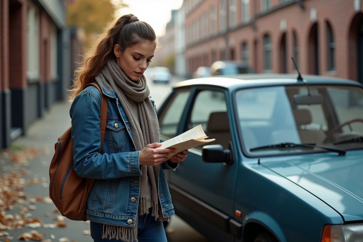 Jeune femme cherchant des documents dans une Clio en ville