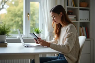 Jeune femme concentrée sur son ordinateur dans un bureau cosy