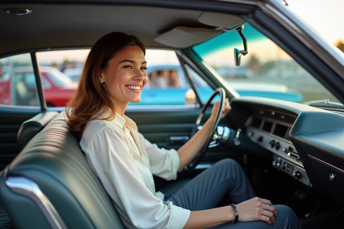 Jeune femme dans l Impala lors d un salon auto