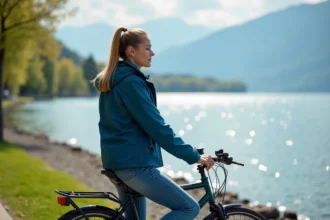 Jeune femme en windbreaker bleu au bord du lac Geneve
