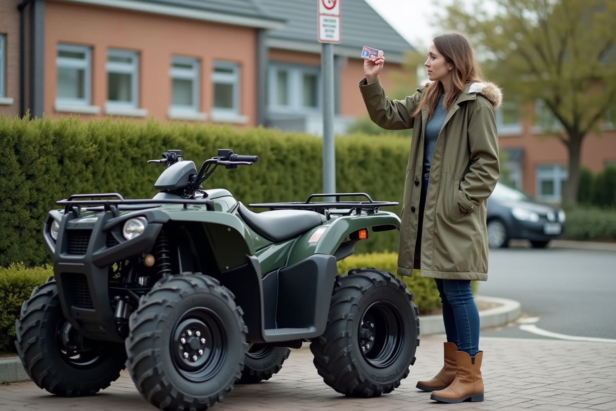 Jeune femme tenant son permis près d’un quad en ville