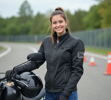 Jeune femme souriante en équipement moto à l'école de conduite