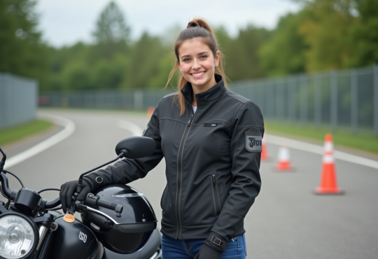 Jeune femme souriante en équipement moto à l'école de conduite