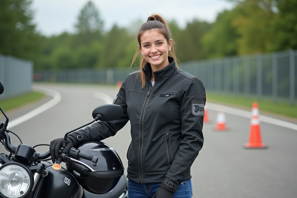 Jeune femme souriante en équipement moto à l'école de conduite