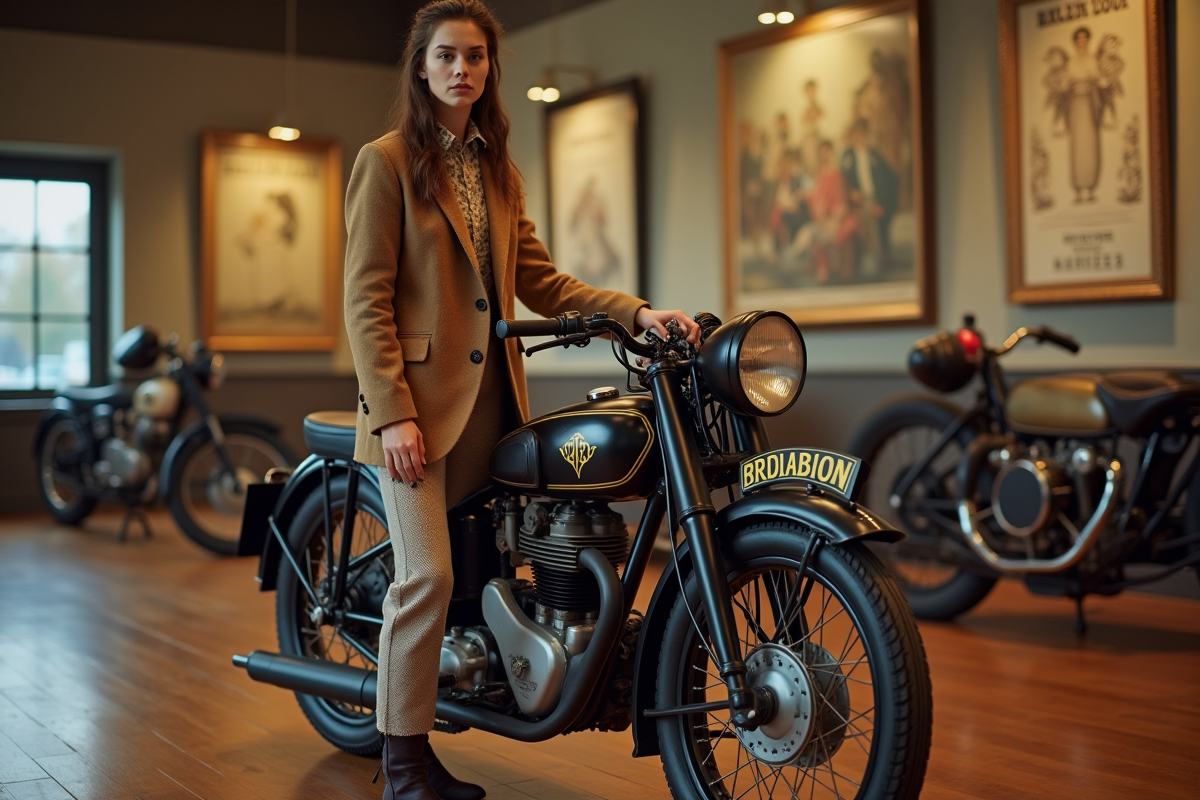 Jeune femme en vêtements d époque près d une moto au musée