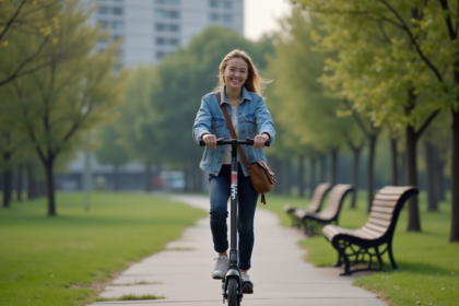 Jeune femme en scooter dans un parc urbain verdoyant