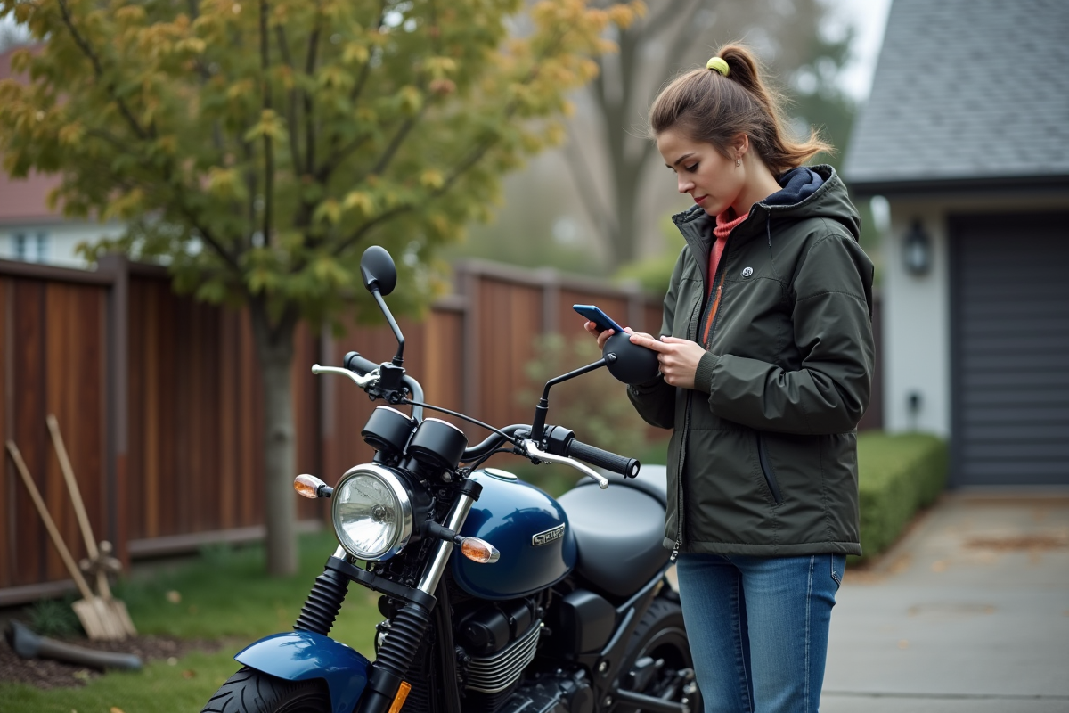 Jeune femme vérifiant son GPS à côté de sa moto