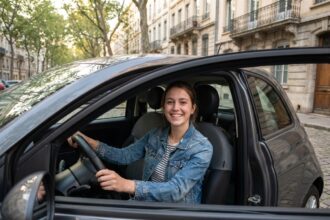 Jeune femme souriante dans une voiture à Lyon