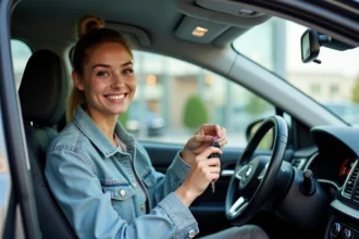 Jeune femme souriante dans une voiture moderne en showroom