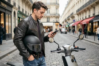 Jeune homme avec casque de scooter consultant son smartphone pour comparer les prix d'assurance scooter