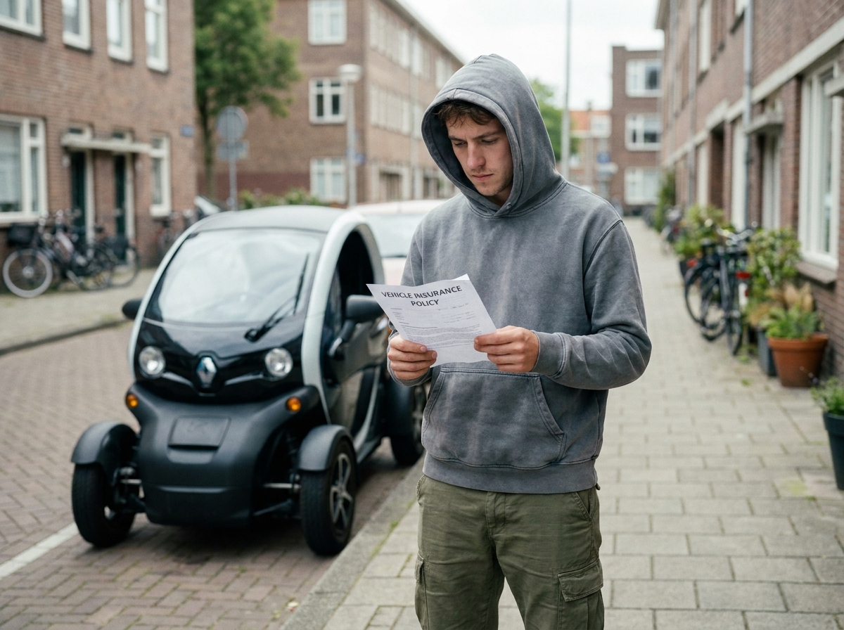 Jeune homme consultant son contrat d'assurance pour voiture sans permis devant son véhicule dans une rue résidentielle