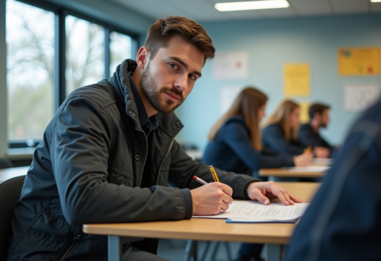 Jeune homme concentré à l'école de conduite