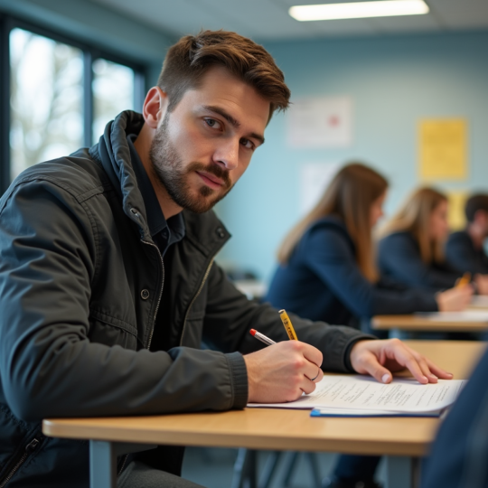 Jeune homme concentré à l'école de conduite