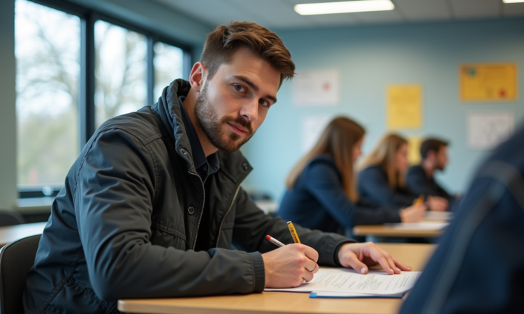 Jeune homme concentré à l'école de conduite