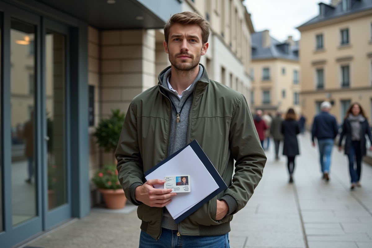 Jeune homme avec dossier devant la mairie