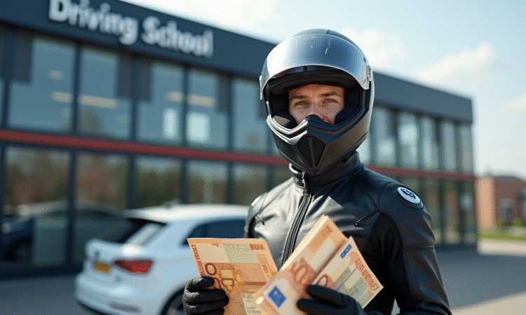 Jeune homme en équipement moto tenant des billets et papiers devant une auto école