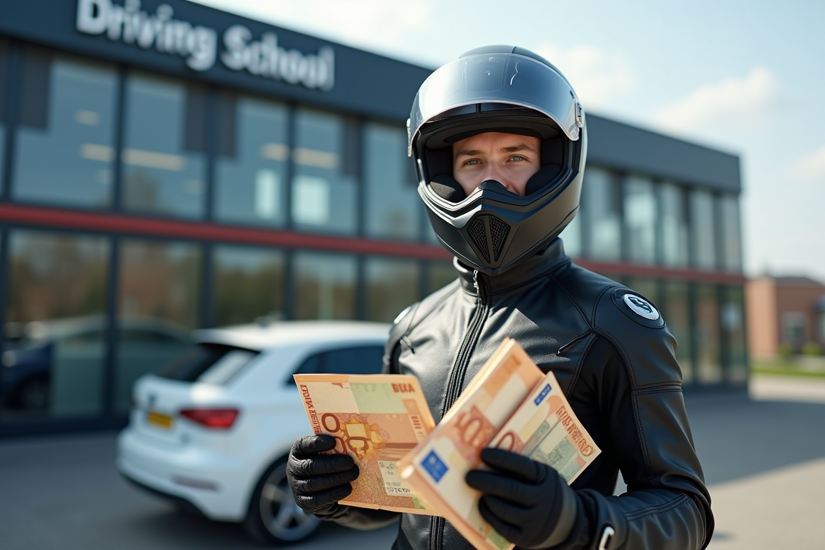 Jeune homme en équipement moto tenant des billets et papiers devant une auto école