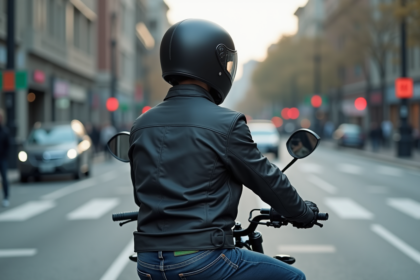 Jeune homme en moto urbaine casque et écouteurs