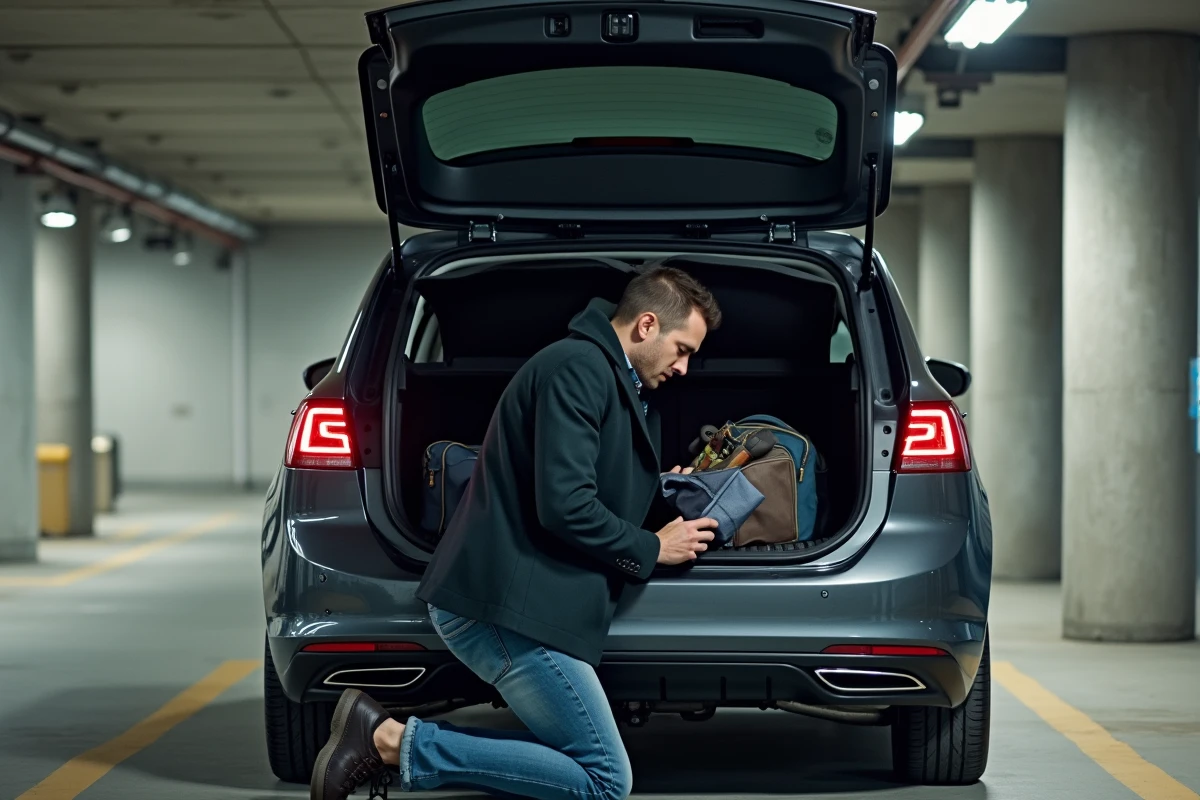 Jeune homme organisant des affaires dans le coffre d